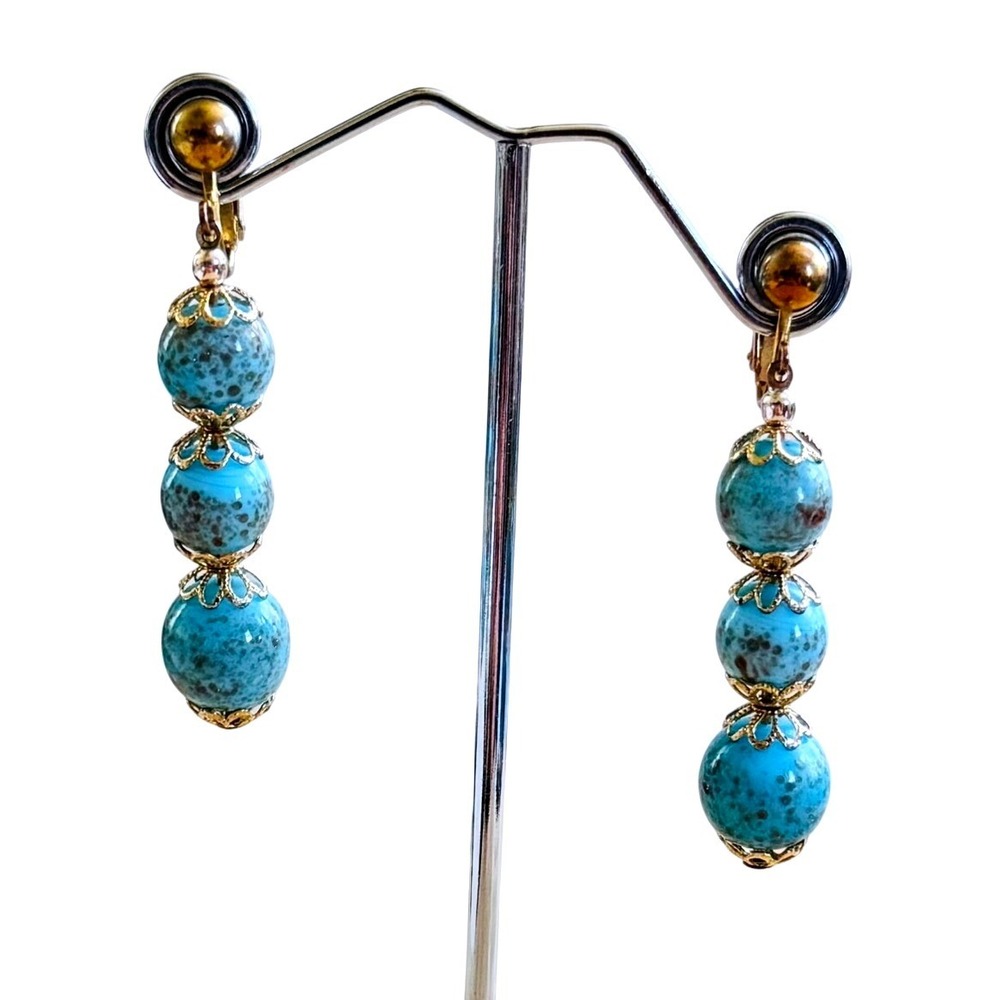 VTG Blue Foil Fleck Earrings Filigree Venetian Murano Glass Art Deco Clip Dangle